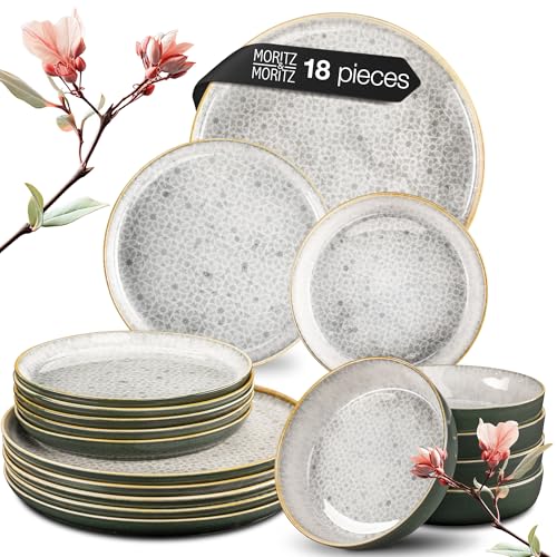 Moritz & Moritz Terra 18-Piece Porcelain Dinner Set for 6 People - Decent Grey Plates and Bowls Set, Microwave & Dishwasher Safe - Includes Dinner Plates, Soup Bowls & Dessert Plates