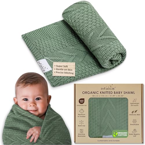 Image of infancie Organic Cotton Baby Blanket - 31.5 x 43.3 Inches, Soft Knitted Crib Blanket for Boys & Girls, Breathable Design (Green)