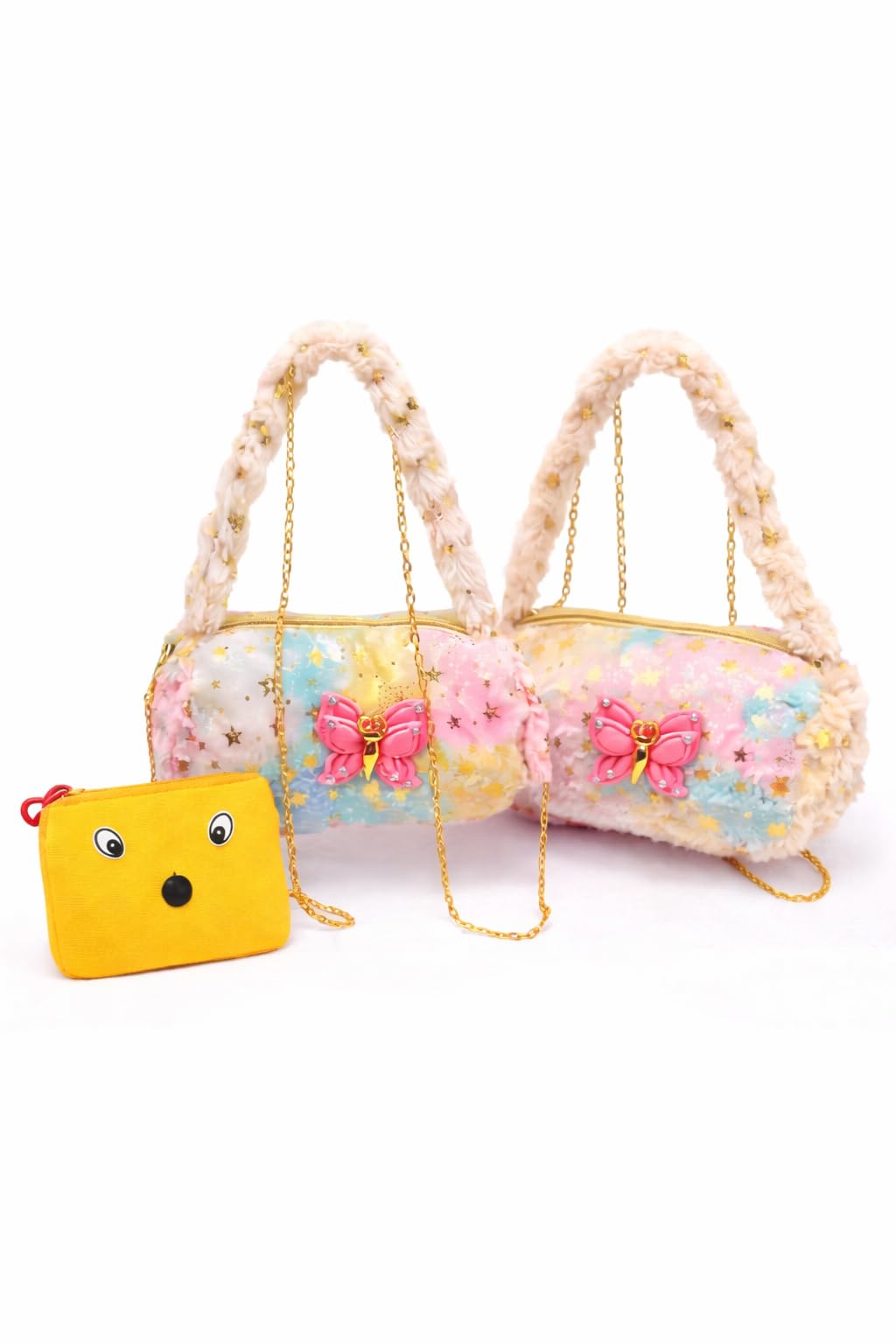 Girls Fluffy Handbag with Butterfly Charm, Multicolour, Star Print, Pack of 2 with Free Coin Pouch-image-16