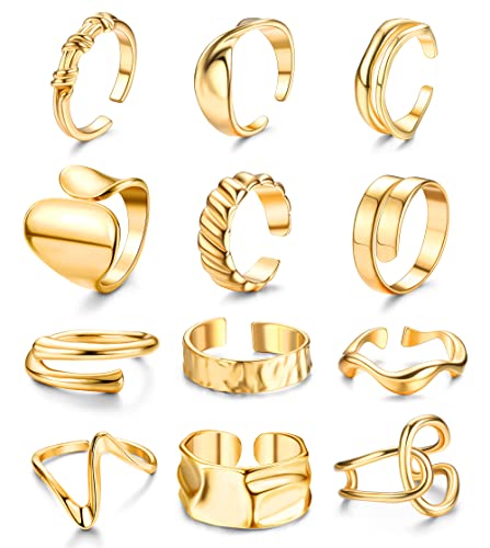 FIBO STEEL 12Pcs Chunky Rings for Women - 18K Gold Plated Thick Rings Stacking Open Rings Set Adjustable
