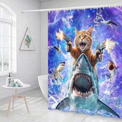 Image of Funny Cat Shower Curtain for Kids, Cute Kitten Riding Shark Ocean Theme Hilarious Cool Fun Grey Purple Wave Animal Nautical Whale Boys Bathroom Sets Decor Fabric Polyester Waterproof 12 Pack Hooks