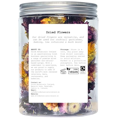 Food Grade Dried Mixed Flowers | 50+ Flowers | 100% Natural Edible | Cocktail Toppers Flowers | For Garnishing Cocktails, Cake Decoration, Tea Infusions | 50 Grams | PET Jar | Drink Botanicals Ireland