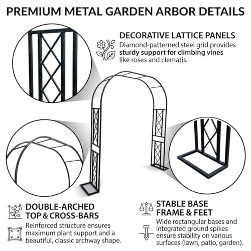 Heavy Duty Garden Arbor, 270cm Steel Archway do roślin wspinaczkowych, rama z róży malowanej proszkowo z podstawą, Wytrzymała zewnętrzna metalowa pergola podpora dla wystroju ogrodów tarasowych