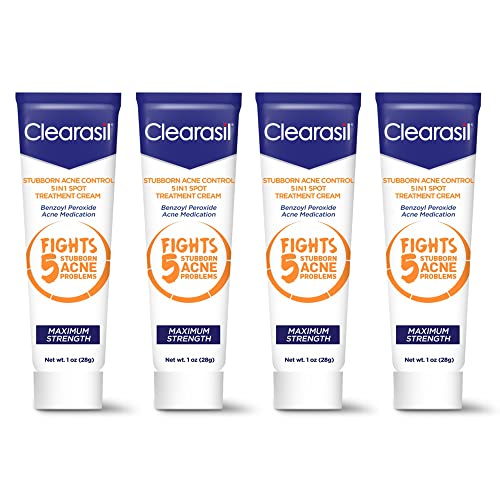 Clearasil Stubborn Acne Control 5in1 Spot Treatment Cream, Maximum Strength, Benzoyl Peroxide Acne Medication, Fights Blocked Pores, Pimple Size, Excess Oil, Acne Marks & Blackheads, 1 oz (Pack of 4)