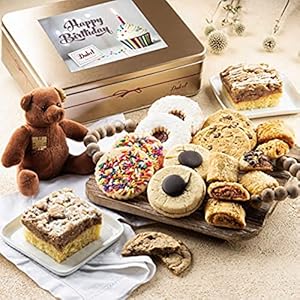 Dulcet Gift Baskets Happy Birthday Deluxe Bakery Mix of Assorted Cookies and Pastries with Decorative Teddy Bear for Women, Friend, College, Couples, Mom, Dad, Wife, Daughter, Him and Her.
