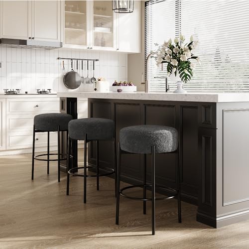 Butacos redondos IDEALHOUSE de 24", set de 2 unidades, estilo minimalista moderno con asiento suave de lana y patas metálicas sin respaldo para isla de cocina, bar o comedor miniatura 7