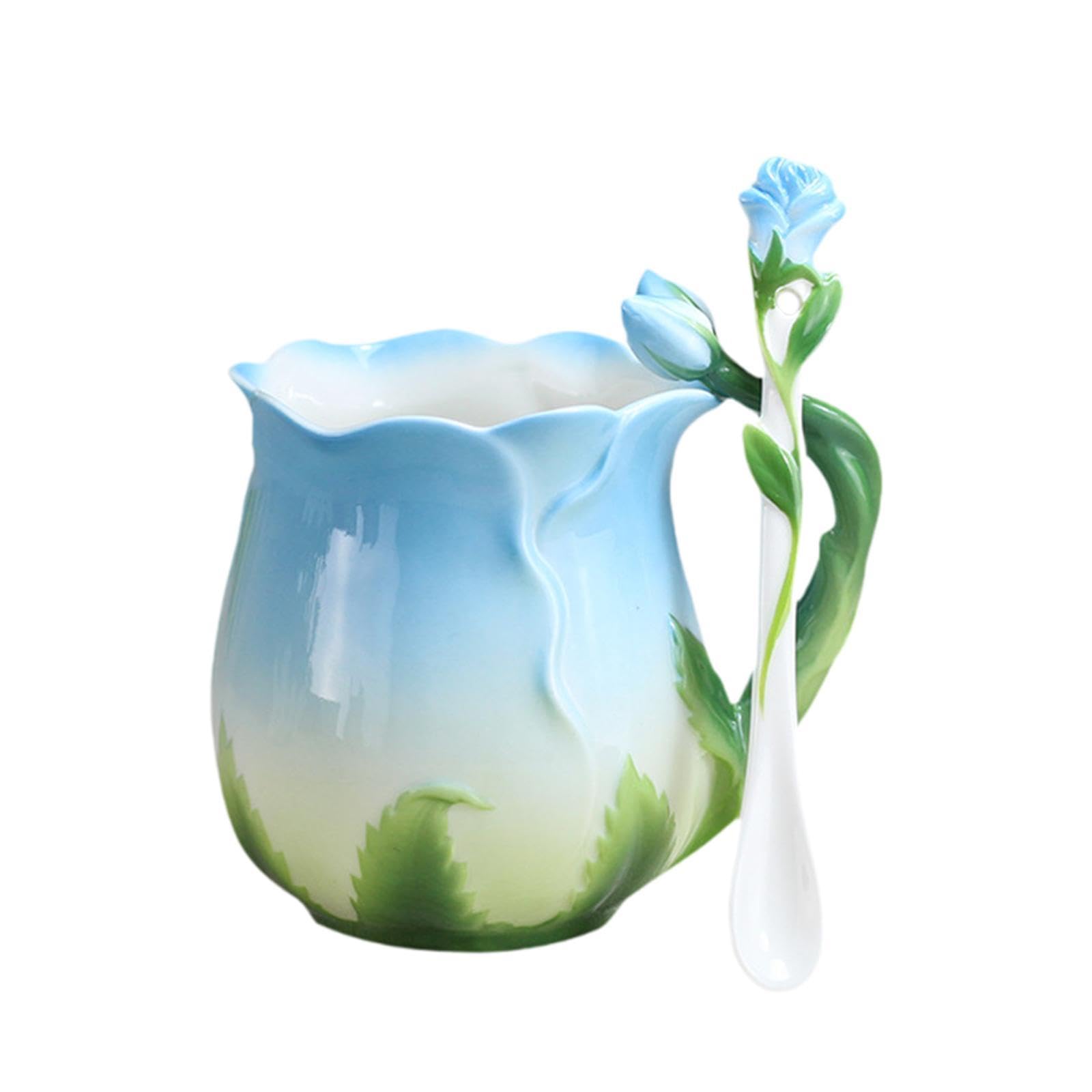 Ceramiczny kubek do kawy z łyżeczką, 10,8 uncji, niebieska porcelana, kubek poranny do latte, soków, gorących napojów, mlecznej herbaty, kubek popołudniowy z motywem kwiatowym(Blue)