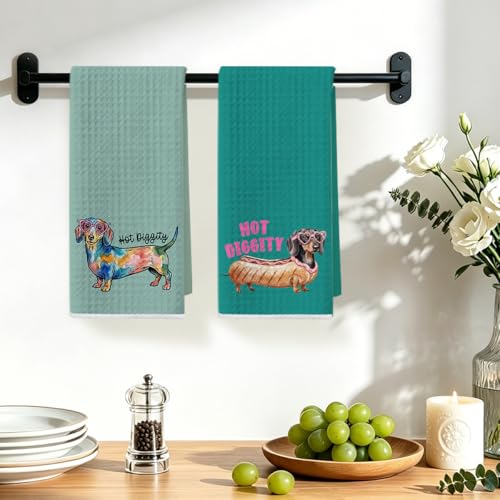 Image of Hanamiya Na 2 Pcs Funny Dachshund Kitchen Towels 24x14 Inch, Dachshund Gifts Reusable Dish Towels for Kitchen Decor, Waffle Weave Absorbent Tea Towel, Cute Weiner Dog Gifts for Women Mom Friend