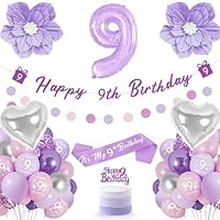 Deko 9 Geburtstag Mädchen, Lila Geburtstagsdeko 9 Jahre Mädchen Umfassen Folienballon 9, Kuchen Topper, Bänder, Sash, Violette Blumen, Luftballon 9. Geburtstagdeko