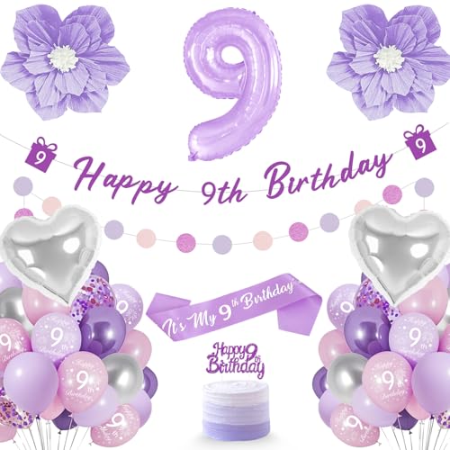 Décorations de fête d'anniversaire pour filles de 9 ans – Bannière pour 9e anniversaire – Ensemble de décorations de fête violet avec ballon en forme de chiffre 9, écharpe, décoration de gâteau