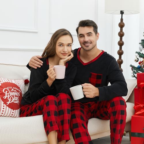 PJGGZ Pyjama assorti pour couples, ensemble de pyjama à carreaux de buffle à manches longues, doux et chaud (noir/rouge/noir, taille M), Noir/rouge/noir à carreaux, M – Image 5