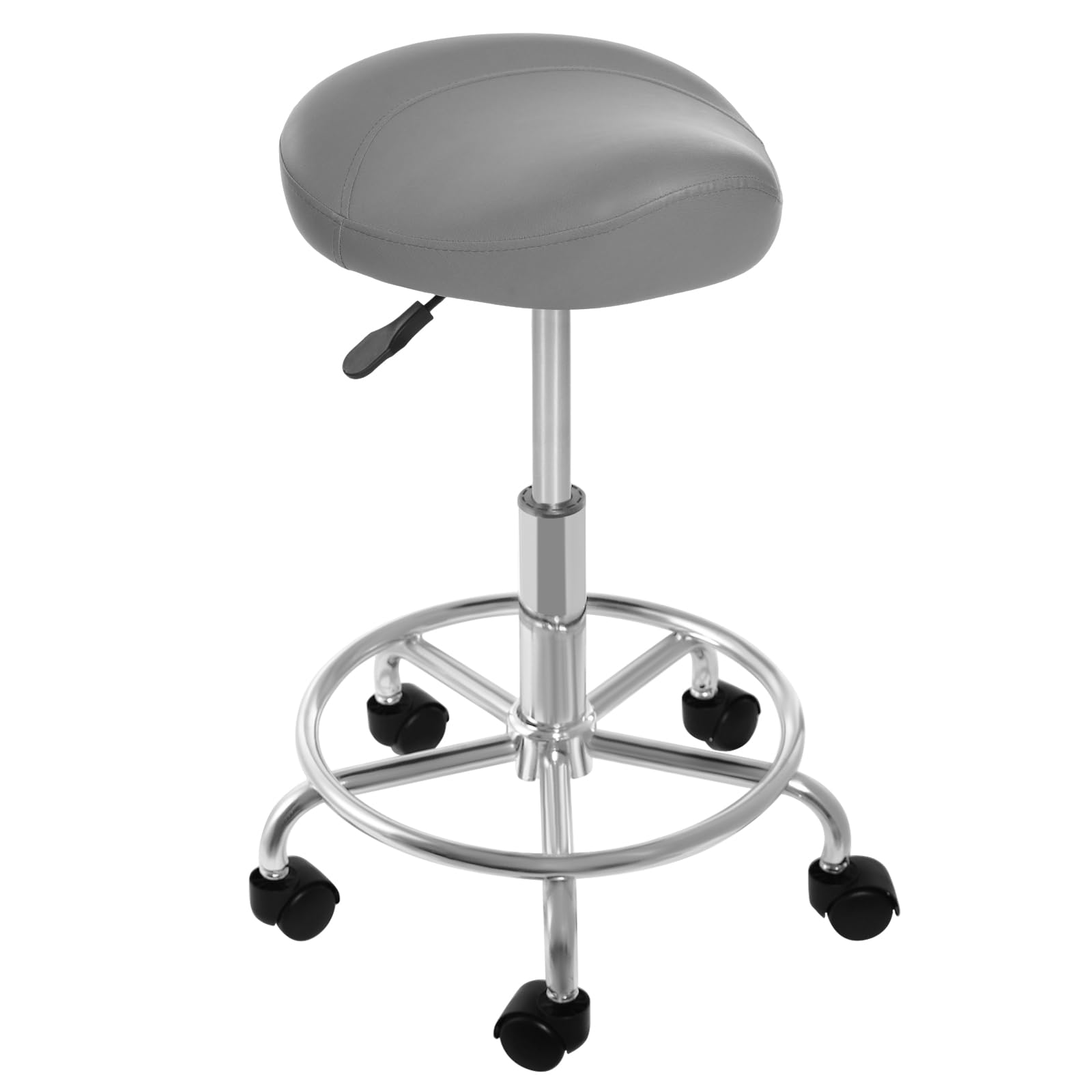 Sgabello da sella ergonomico, girevole a 360°, con rotelle larghe, regolabile in altezza, per salone di bellezza, spa e ufficio, grigio