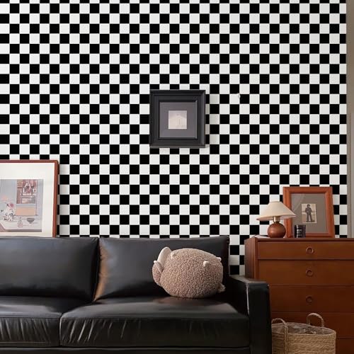 Amiya Black and White Checkered 17.3” X 120”Flag Contact Paper Checkerboard Peel and Stick Wallpaper Mosaic Easy to Install Modern Wallpaper Perfect for Home Bathroom Office and More