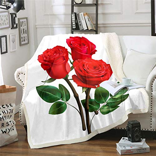 3D Print Rose Sherpa Blanket Rose Floral Fleece Blanket Flourishing Petal Flower Blanket Throw For Girls Women Branches Botanical Romantic Garden Fuzzy Blanket Breathable Throw 50"X60" Red Green White #TOP12
