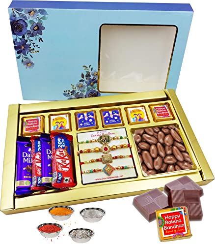 Image of Rakhi with Chocolate for Brother and Sister in Law | RakshaBandhan Chocolate Box for Bhaiya and Bhabhi |4 Rakhi Set, DairyMilk,Kitkat,Chocolate Coated Almond, Handmade Chocolae Combo Pack