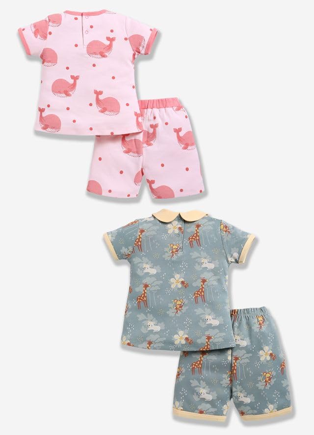 Image of BABY GO Baby Boys & Baby Girls Clothing Set | Summer Co-Ord Set for Baby | Printed 100% Cotton Half Sleeve T-Shirt & Shorts Combo | Soft Cotton Casual Wear Outfit for Infants & Toddlers Pack of 2