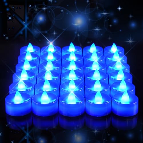 Image of Amagic 30 Pcs Blue Flickering Flameless Tea Lights Battery Operated, 200+ Hours Long Lasting Colored Candles for Wedding, Table Centerpiece, Home Decor, Gift, Party, Halloween, Christmas, Proposal