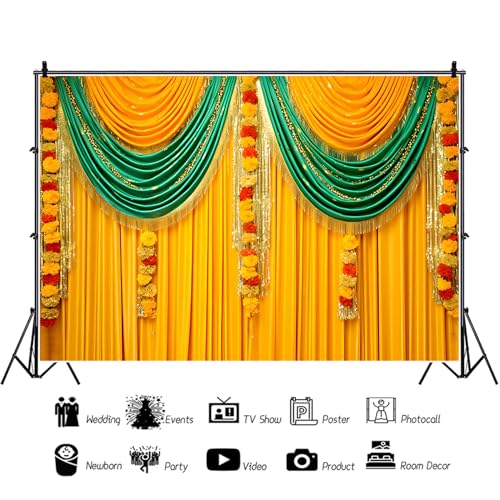 Image of 10x6.5ft Indian Traditional Backdrop Photography Yellow Green Curtain Wreath Photography Background Indian Festival Decors Wedding Banner Bridal Shower Decors for Couple Bride Studio Props