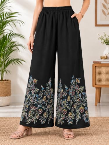 Image of Women's Rayon Bird Flower Print Loose fit Palazzos Pants Free Size 28 to 40