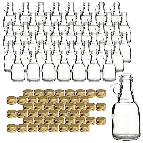 gouveo Lot de 48 bouteilles en verre de 50 ml avec anse et bouchon à vis - Mini bouteille à anse de 0,05 l à remplir - Petits flacons en verre pour liqueur,...