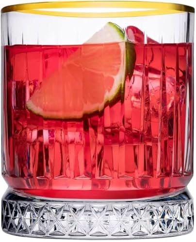 Image of PrimeWorld Timeless Gold Rim European Crystal Whiskey Glasses Set of 6 pcs- 355 ml Bar Glass for Drinking Bourbon, Whisky, Scotch, Cocktails, Cognac- Old Fashioned Cocktail Tumblers