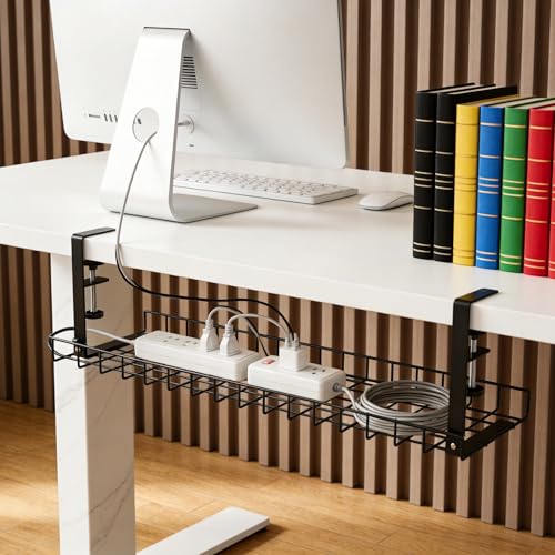 Image of Under Desk Cable Management Tray, No-Drill Clamp-On Wire Organizer Basket with Retractable Design, 29.5x7.5 in Large Storage Tray with Zip Ties & Cable Clips for Office Desk and Home Workspace