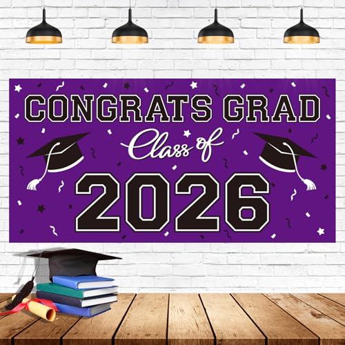 Image of 2026 Graduation Party Plastic Backdrop - 65 inch x 32.7 inch Congrats Grad Banner in Purple, Large Class of 2026 Decorations, Photography & Grad Party Supplies