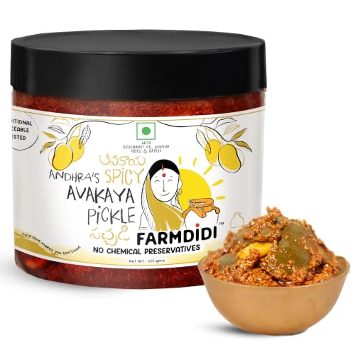 Image of FarmDidi Avakaya Mango Pickle with Garlic (325g) Homemade Spicy Andhra-Style Avakai Achar Made in Groundnut Oil South Indian Theekha Achaar No Chemical Preservatives