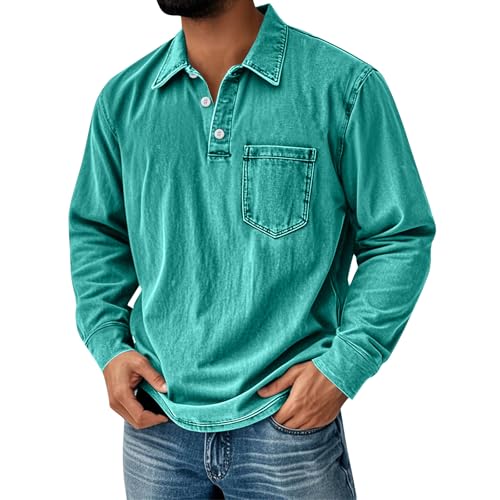 Mokaloha Mens Shirts Long Sleeve Polo Henley Crewneck Washed Distressed Shirt Denim Vintage Western Tops with Pocket