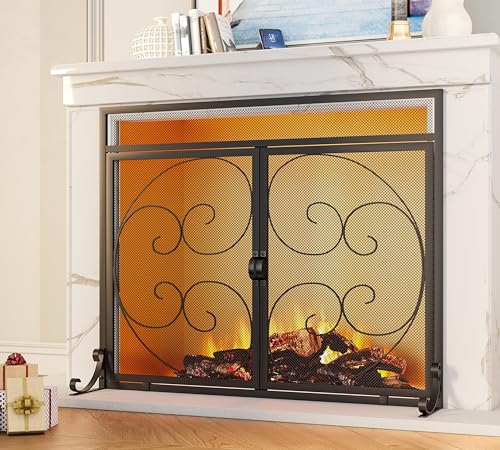 Image of Fire Beauty Wrought Iron Fireplace Screen with Magnetic Double Doors Black