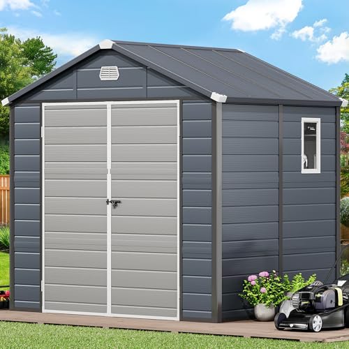 YITAHOME 8x6FT Resin Storage Unit sans Flooring, All-Weather Plastic Shed with Window, Vents and Secured Doors, Outdoor Plastic Tool Cabin for Poolside, Lawn, Backyard, Patio, Dark Gray