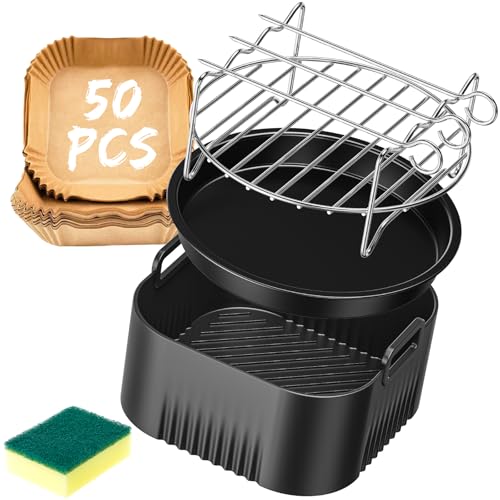 Airfryer Zubehör für Philips 5000-Serie L 4.1L(HD9255, HD9252, HD9200), Quadrat Heißluftfritteuse Zubehör für Philips Essential 4,1L, Airfryer Silikonform mit Schwamm, BPA-frei