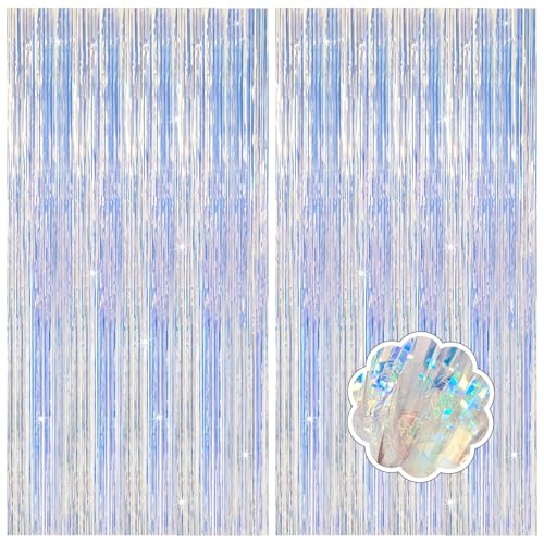 2 Pack Iridescent Party Decorations Foil Fringe Tinsel Backdrop Glitter Curtains Shimmer Wall Backdrop 70s 80s 90s Disco Theme Party Decorations Happy Birthday Easter Graduation Supplies