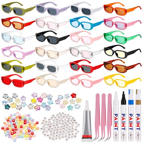 Image of Ecally 24 /36 Set DIY Rectangle Sunglasses Kit for Women Vintage Trendy Sunglasses to Decorate for 90s Crafts Party