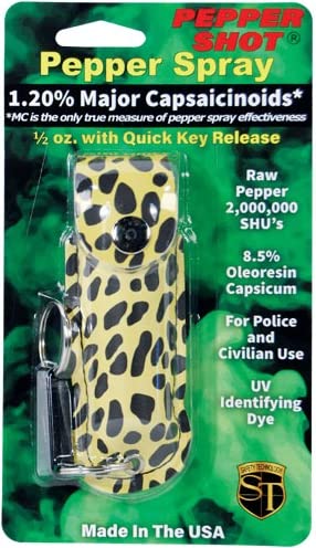 Pepper Shot 1.2% MC 1/2 oz pepper spray fashion leatherette holster and quick release keychain cheetah black/yellow