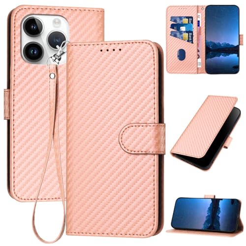 Étui iPhone 15 Plus rose antichoc, fini carbone anti-rayures avec rangement portefeuille