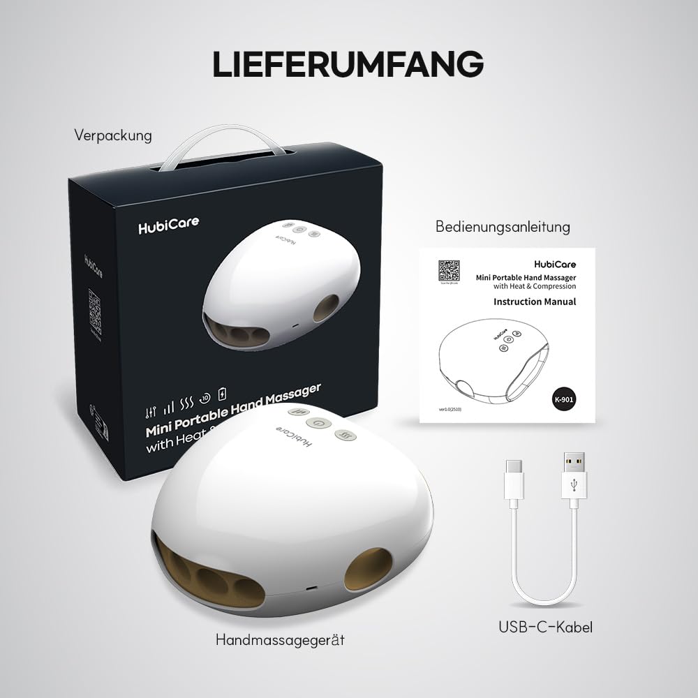 HubiCare kompaktes Handmassagegerät mit Wärme und Luftkompression, kabellose Handmassage für Hände, Finger und Handgelenk, 3 Modi, 3 Intensitätsstufen, USB-C Aufladung