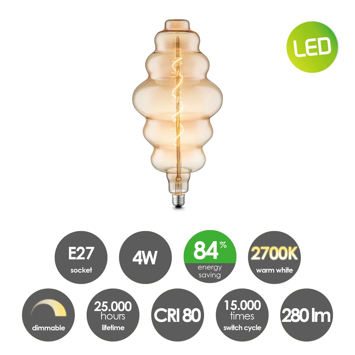 home sweet home collection Edison Vintage E27 | LED-Filament-Leuchtmittel Cloud Spiral | Ambra | Dimmbar | 4W 280lm 2700K | warmweißes Licht | für E27-Fassungen