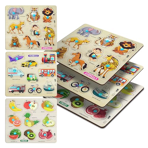 Lefan Wooden Puzzle Combo Set for Kids Vehicle, Fruit & Animal Kn...