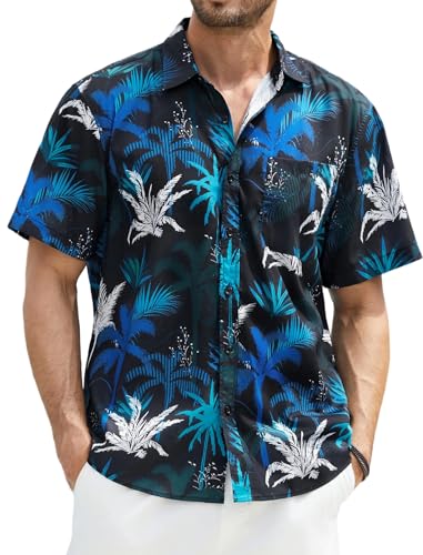 Enlision Camisa Havaiana Masculina Funky Manga Curta Camisas Havaianas com Bolso Frontal Impressão de Praia de Havaí Flores Ananás Palma Folha Aloha Shirt, L