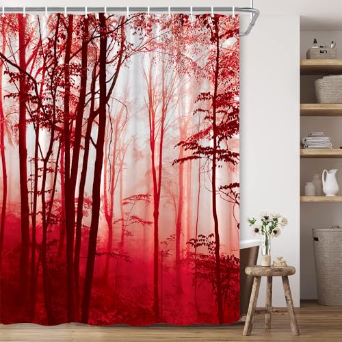 BCNEW Forest Natural Scene Shower Curtain Red Orange Woods Heavy Foggy Abstract Gothic Gross Shadow Dark Landscape Gray Art Printed Polyester Fabric Bathroom Decor Set 70×96 Inch with Hook