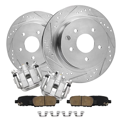 Image of Detroit Axle - Rear Drilled & Slotted Rotors + Brake Calipers + Ceramic | Brake Pads Kit Replacement for 2003-2005 Infiniti G35 Nissan 350Z - 6pc Set
