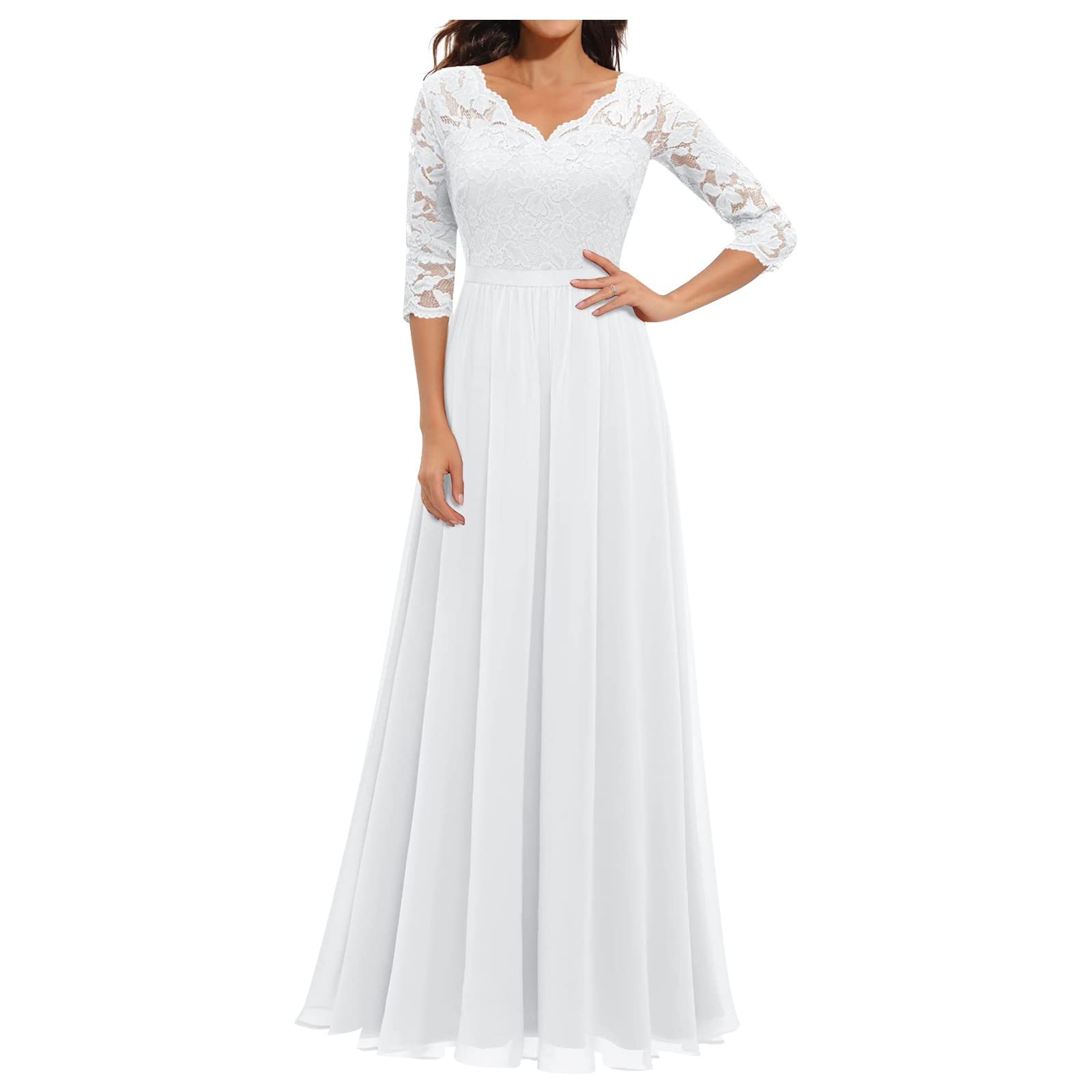 Abendkleider Elegant Für Hochzeit Festliche Kleid Hochzeitsgast Damen Lang Chiffon Abendkleid Spitze A Linie Ballkleid Frauen V Ausschnitt Partykleid Hohe Taille Brautjungfernkleider