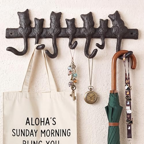 ElaraBerry Cat Tail Wall Hooks Cast Iron Decorative Coat Rack and Key Holder 10 Inch Black Metal Key Holder 7 Hook Rustic Vintage Wall Decor for Entryway Mudroom Kitchen for Hats Towels Scarves