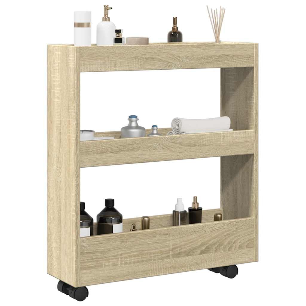 Carro estrecho de 3 pisos con ruedas, roble Sonoma, 60 x 18 x 70 cm