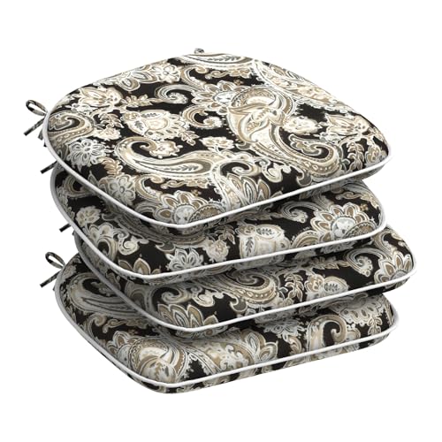 DYTXIII Set of 4 Outdoor Chair Cushions with Ties,Water Repellent Patio Chair Pads 17"x 16" for Outdoor Furniture,Round Corner Seat Cushions for Garden Yard Kitchen Paisley Black