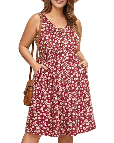 Image of Holipick Women's Plus Size Summer Dresses for Women Casual Dress with Pockets A-Line Swing Button Down Sleeveless V Neck