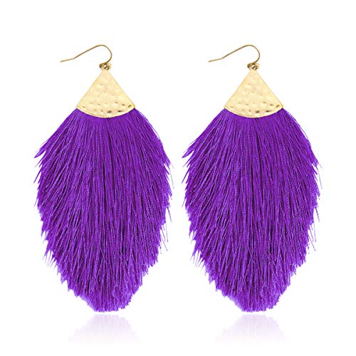 Bohemian Silky Thread Fan Fringe Tassel Statement Earrings - Lightweight Strand Feather Shape Dangles (Feather Fringe - Purple)