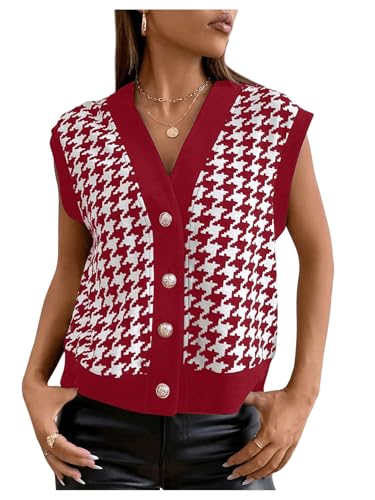 Image of Verdusa Women's Button Front V Neck Sleeveless Houndstooth Print Knitted Sweater Vest Burgundy Medium