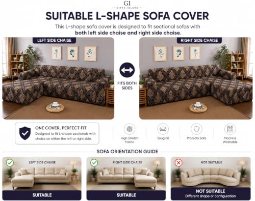Image of Gifts Island Premium 160GSM Super Soft Brown Damask Stretchable Sofa Cover L Shape 6 Seater Fully Covered | Suitable for Both Left and Right Side Chaise Sofa (Brown Damask, 3+3 Seater)